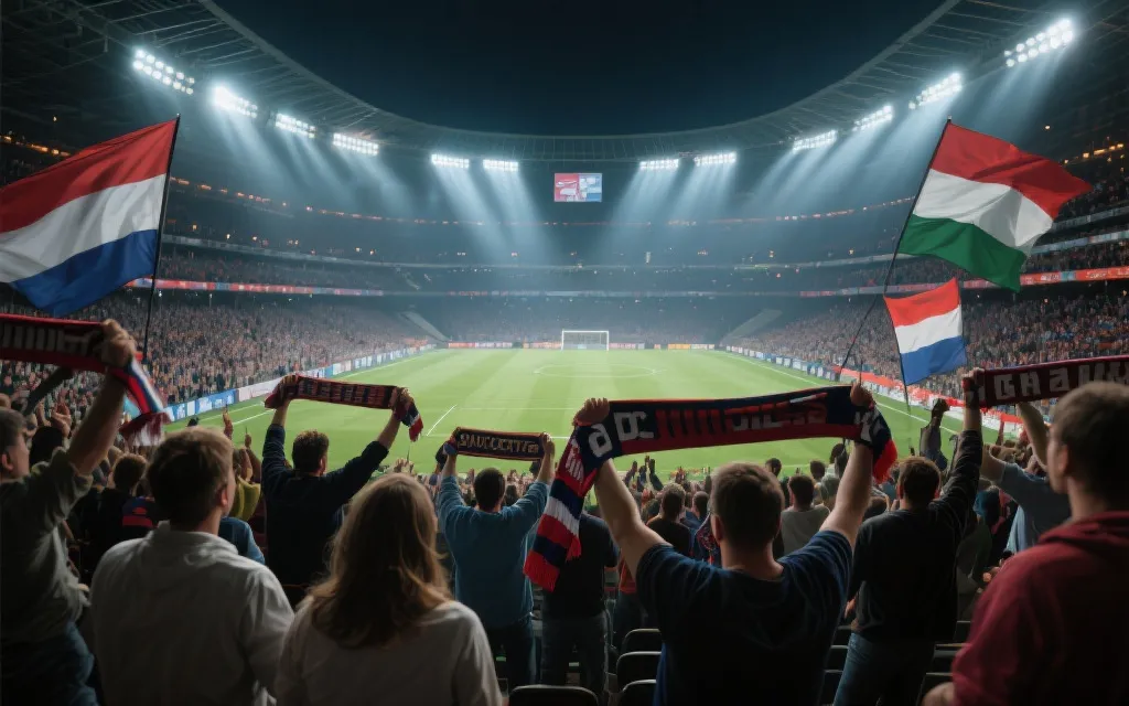 MLS球场看台上多元族裔球迷一起助威，旗帜与围巾在灯光下飘动，氛围热烈