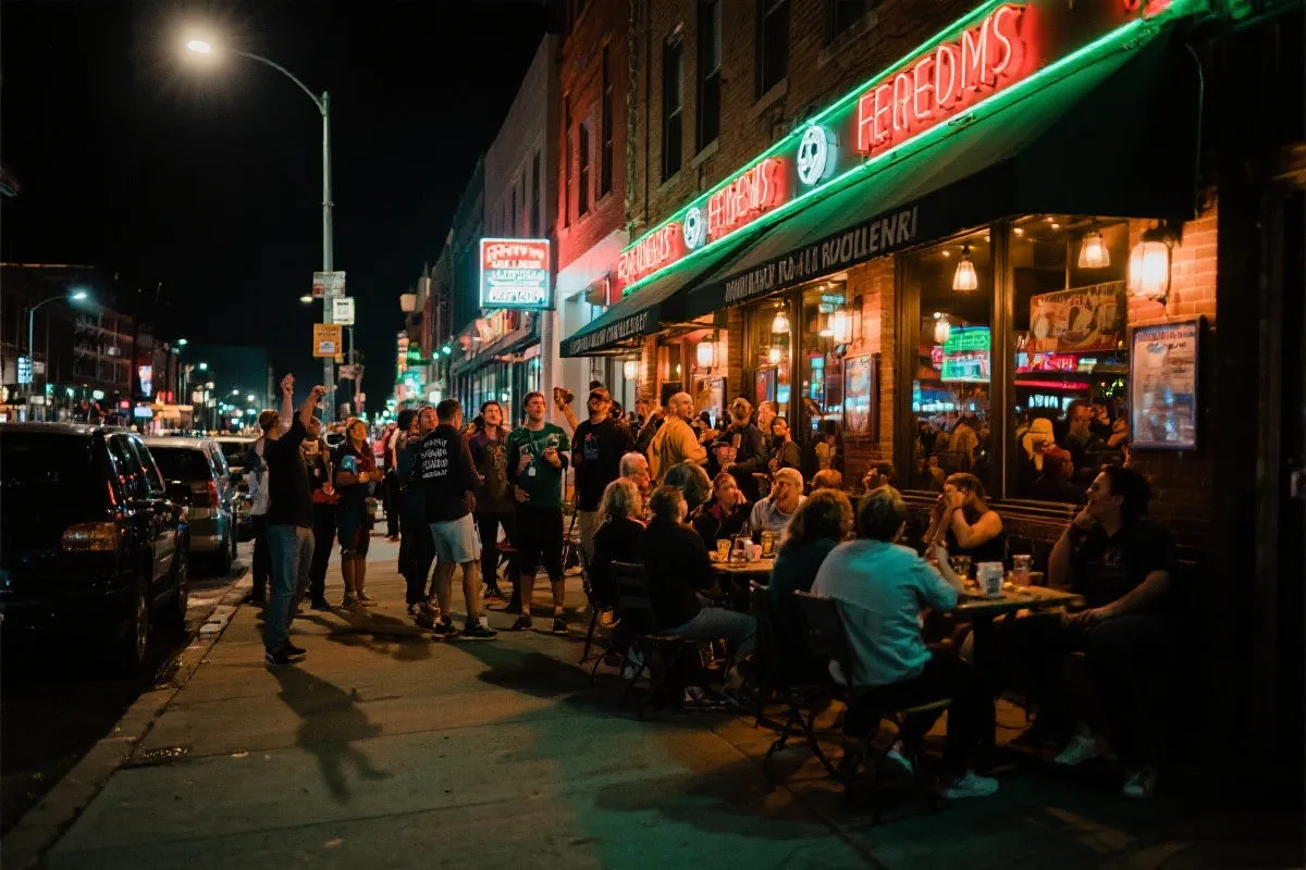 北美世界杯城市夜景与球迷在街区餐馆庆祝的旅行场景